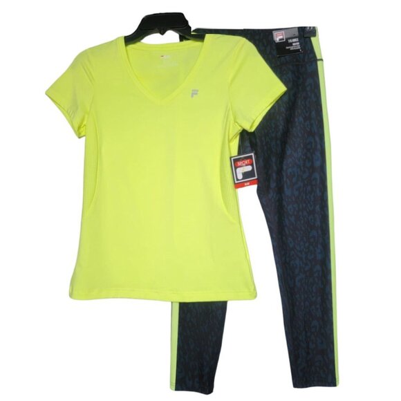 ⭐WOMEN'S ACTIVE SET SIZE S FILA 2 PC SET BLACK GREEN ANIMAL PRINT lEGGING TSHIRT - Picture 1 of 8